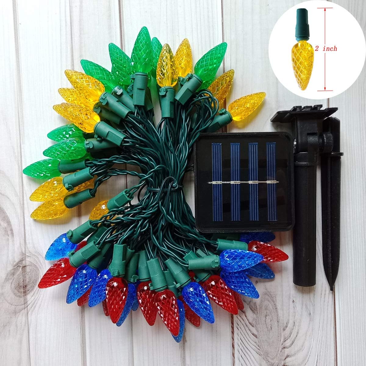 Solar Christmas Lights Outdoor C6 Strawberry String Lights, LED Christmas Fairy Lights 50 LEDs Solar Operated Rechargeable Garden Lights for Christmas Tree, Holiday, Arbor Decor (Multicolor, 8 Modes)