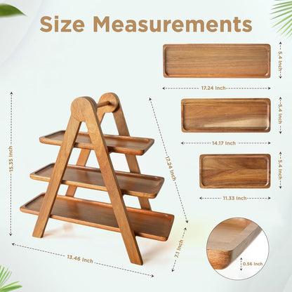 MAJURI 3 Tier Wooden Serving Tray, Set of 2 Tongs Free, Tiered Serving Trays & Platters for Party, Wedding, Picnic, Your Perfect Elevated Charcuterie Stand and for 3 Tiered Dessert Stand Lovers