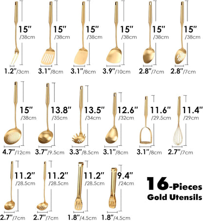 Gold Cooking Utensils Set - 18/10 Stainless Steel Large and Small Spoons Set, 16 PCS All Metal Kitchen Tools, Serving Utensils - Whisk, Masher, Fork, Tongs, Spatula, Ladle, Skimmer, Turner, Pasta