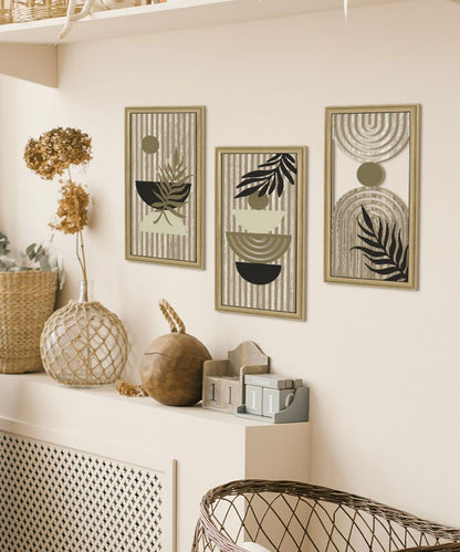 Putuo Decor Boho Abstract Wall Art, Set of 3, Modern Geometric Botanical Wooden Wall Decor, Mid-Century Minimalist Framed Artwork, Neutral Toned Aesthetic Prints, for Living Room, Bedroom, Office