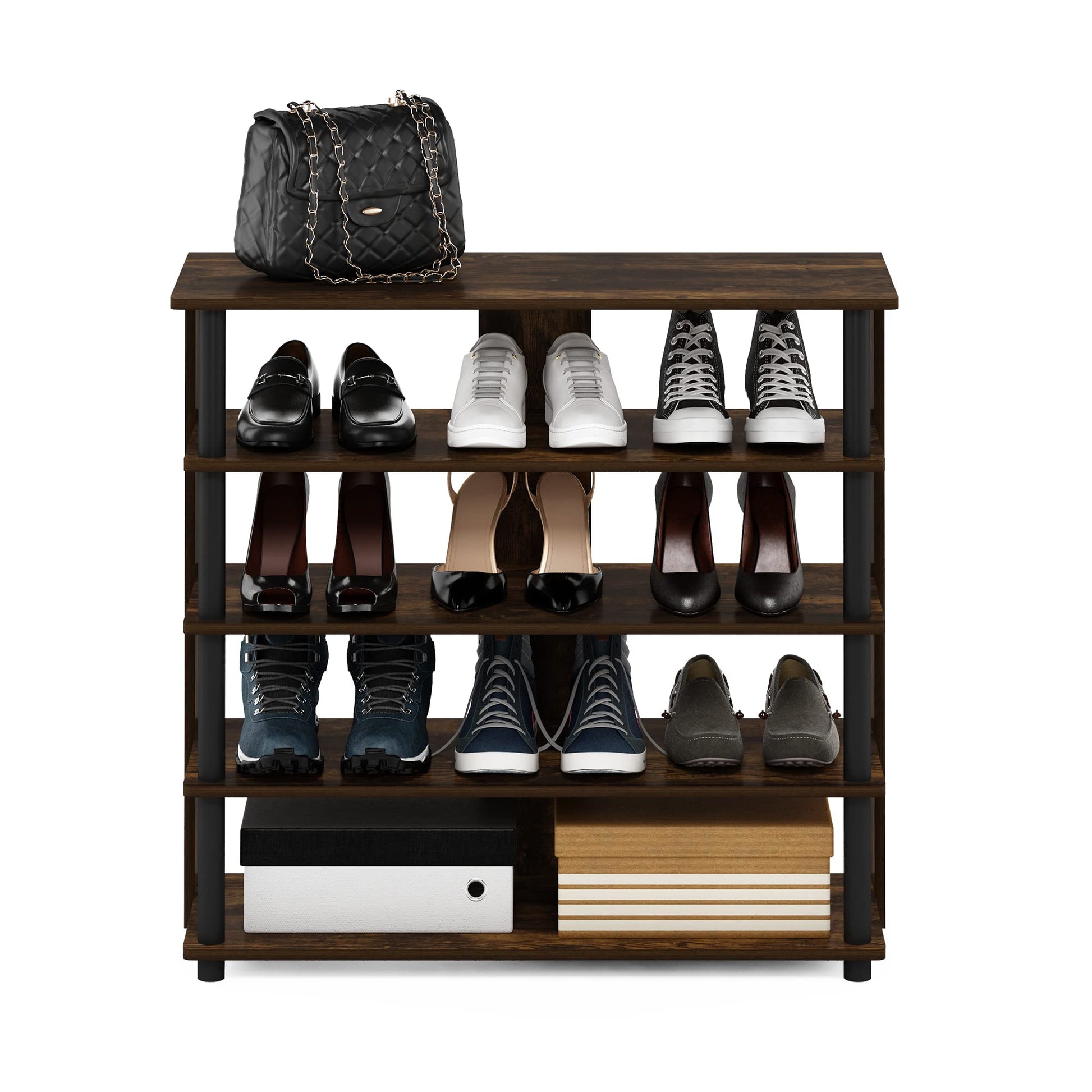 Furinno Turn-N-Tube 5 Tier Wide Shoe Rack, Amber Pine/Black