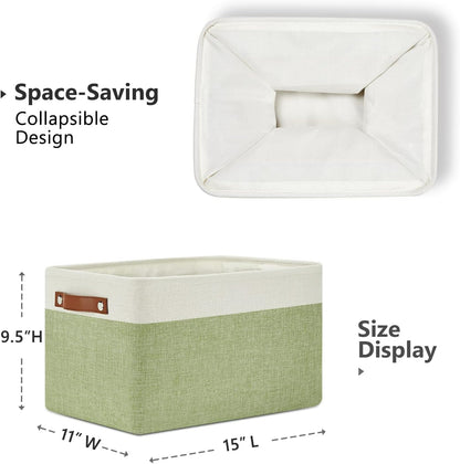 DULLEMELO Fabric Storage Bins for Laundry, Home, Foldable Storage Baskets for Shelves, Toys, Collapsible Storage Bins for Office,Bedroom(3-Pack Medium-15 inch X 11 inch X 9.5 inch , White&Green)