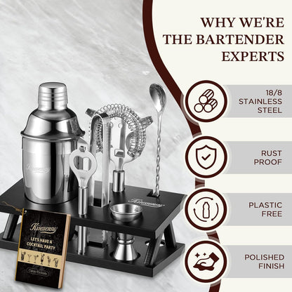 KITESSENSU Cocktail Shaker Set Bartender Kit, 6-Piece Silver Bar Set with Stand, Bar kit with Essential Bar Accessory Tools: Martini Shaker, Jigger, Strainer, Bar Spoon, Tongs, Opener