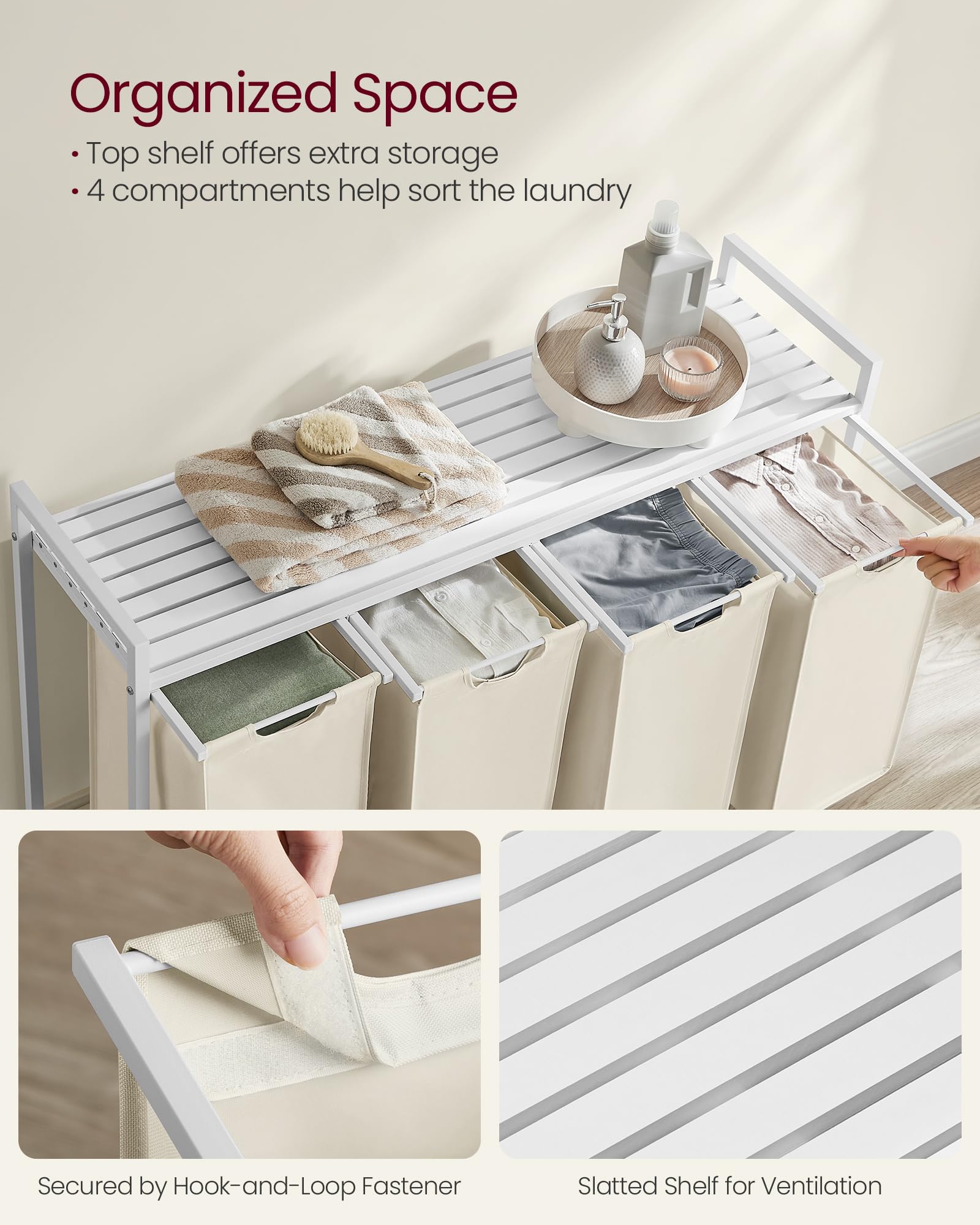 VASAGLE Laundry Hamper, Laundry Basket, Laundry Sorter with 4 Pull-Out and Removable Bags, Shelf