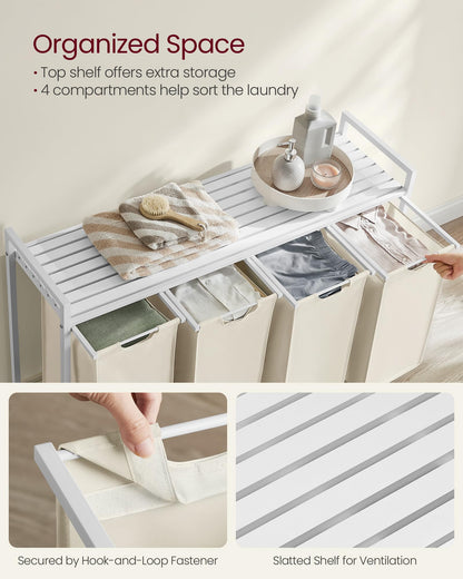 VASAGLE Laundry Hamper, Laundry Basket, Laundry Sorter with 4 Pull-Out and Removable Bags, Shelf