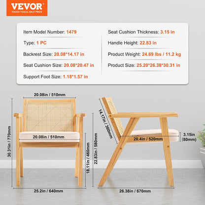 VEVOR Mid Century Modern Rattan Chair, Upholstered Velvet Accent Chair with Rattan Back, Retro Living Room Chair for Living Room, Bedroom, Reading Room, and Office, Beige