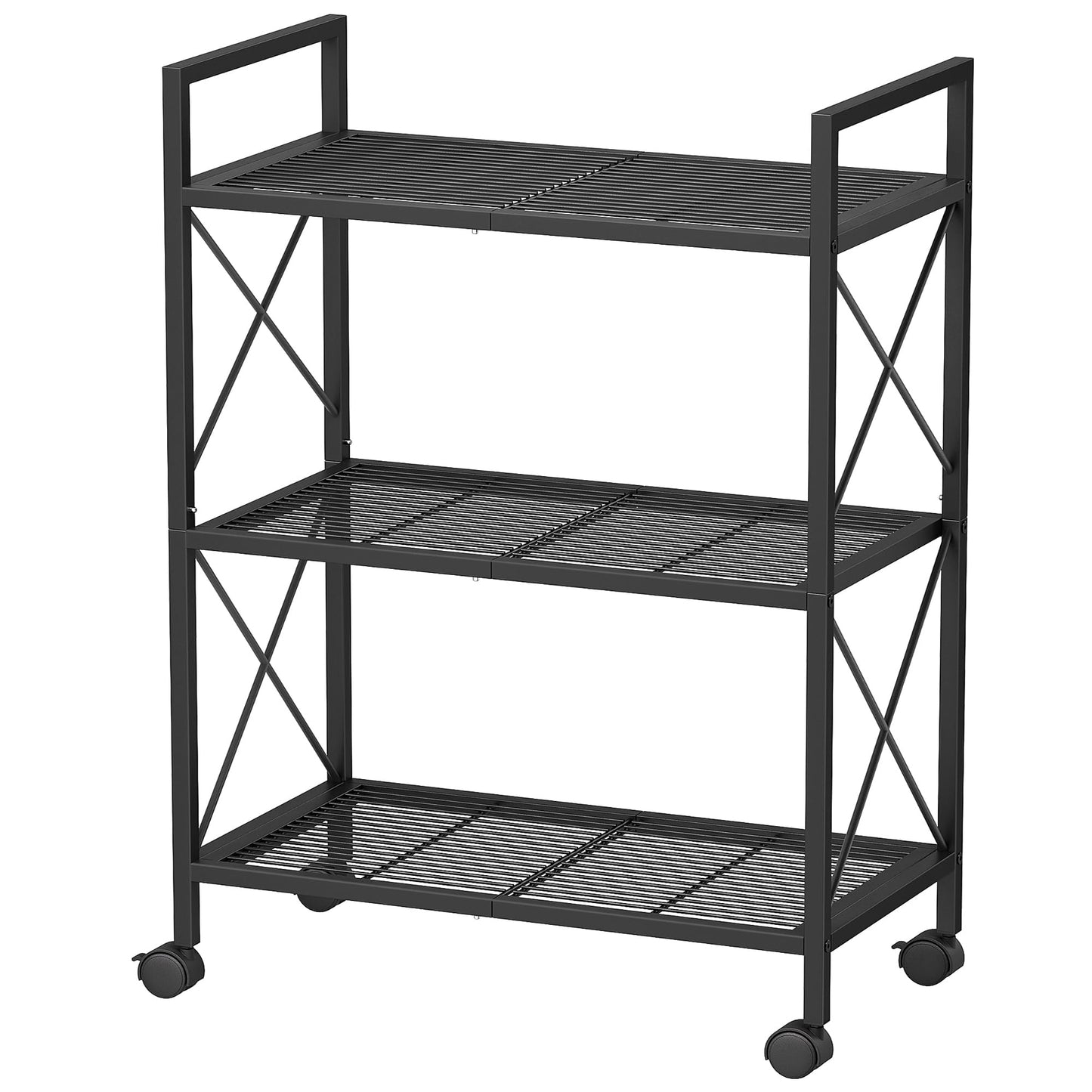 SONGMICS 3-Tier Metal Storage Rack with Wheels, Mesh Shelving Unit with X Side Frames, 23.6-Inch