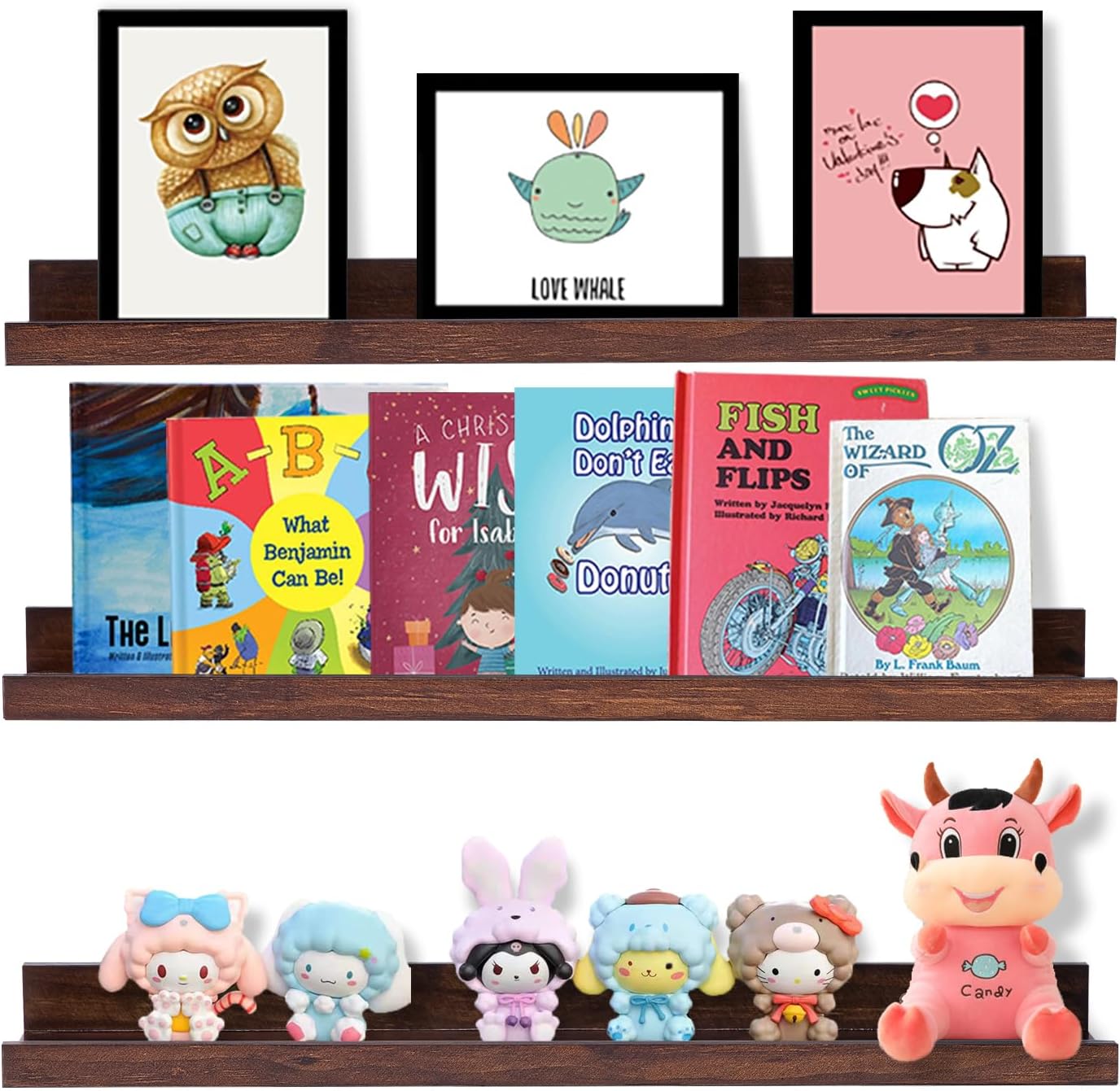 AZSKY Walnut Floating Shelves 24 Inch Picture Ledge Shelf for Wall Photo Shelves with Lip for Pictures Nursery Room Bookshelf Wood Wall Shelves Set of 3 for Bedroom Living Room Bathroom Kitchen