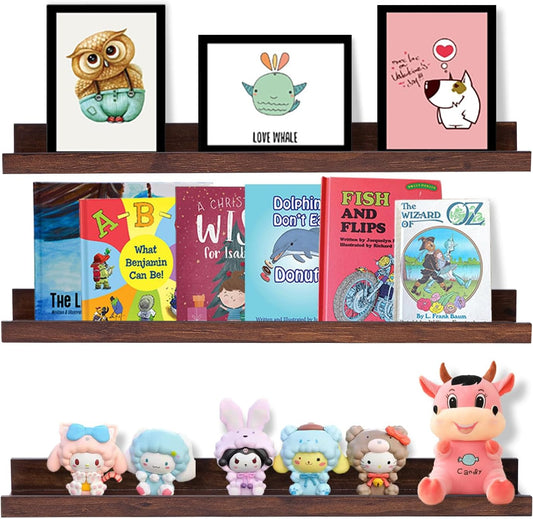 AZSKY Walnut Floating Shelves 24 Inch Picture Ledge Shelf for Wall Photo Shelves with Lip for Pictures Nursery Room Bookshelf Wood Wall Shelves Set of 3 for Bedroom Living Room Bathroom Kitchen