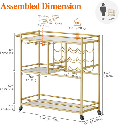 Lifewit Bar Cart for The Home, 3 Tier Drink Cart with Lockable Wheels, 12 Wine Rack and 3 Rows Glass Holders, Liquor Serving Cart for Kitchen Dining Livingroom, 31.6" x 13.1" x 33.9", Gold