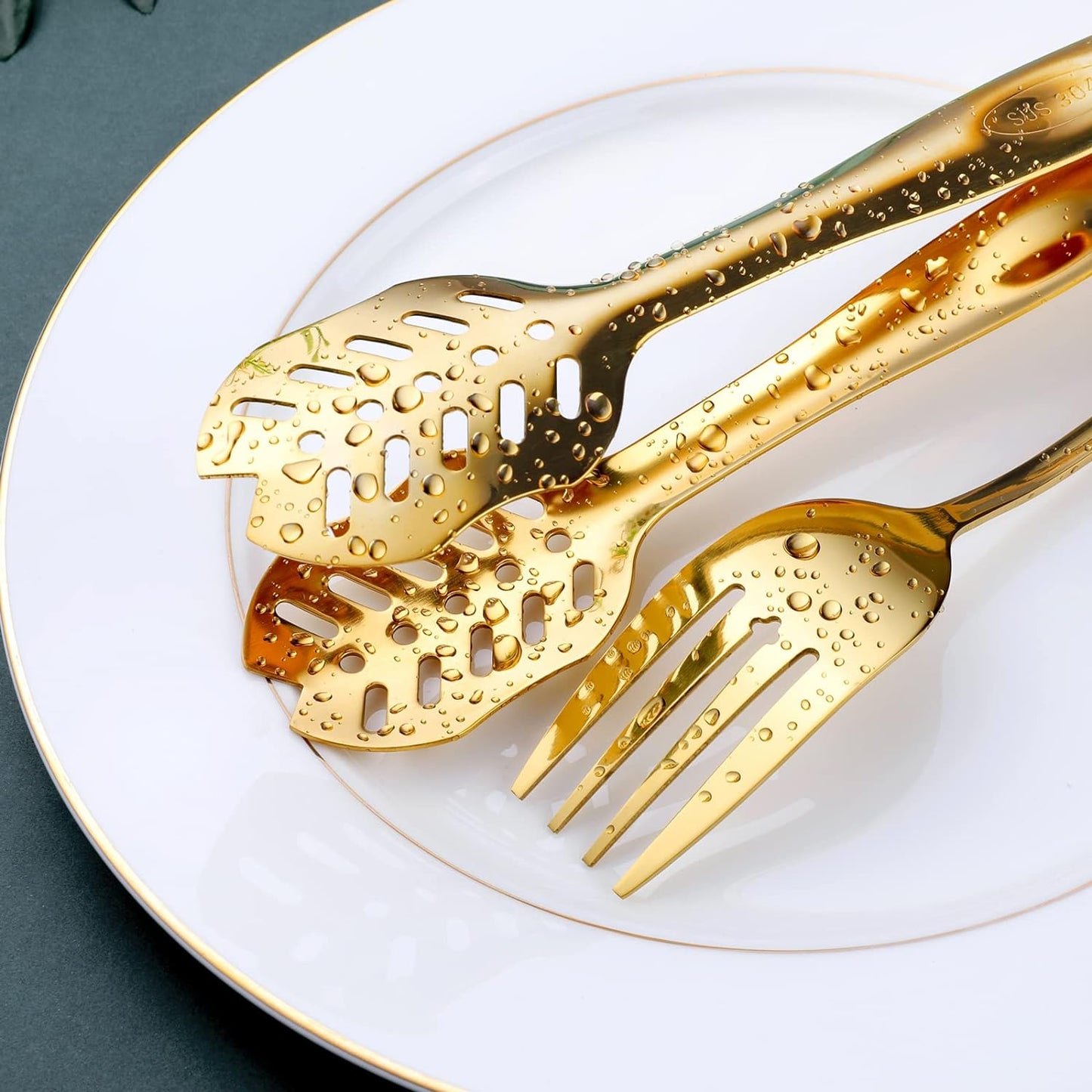 Gold Serving Utensils, OGORI 10-Piece Polished Stainless Steel Gold Serving Utensils Set Include Serving Spoons, Slotted Serving Spoon, Serving Tongs, Serving Fork, Salad Fork, Soup Ladle, Pie Server