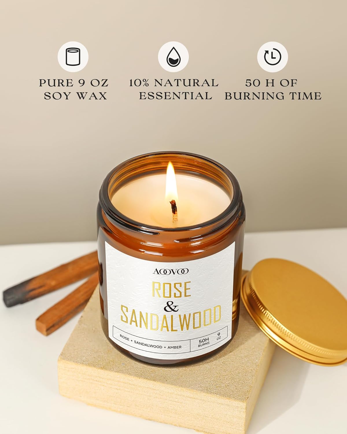 AOOVOO Rose Sandalwood Candles - 9 oz Scented Candles, Aromatherapy Candle, Soy Candle for Home Scented