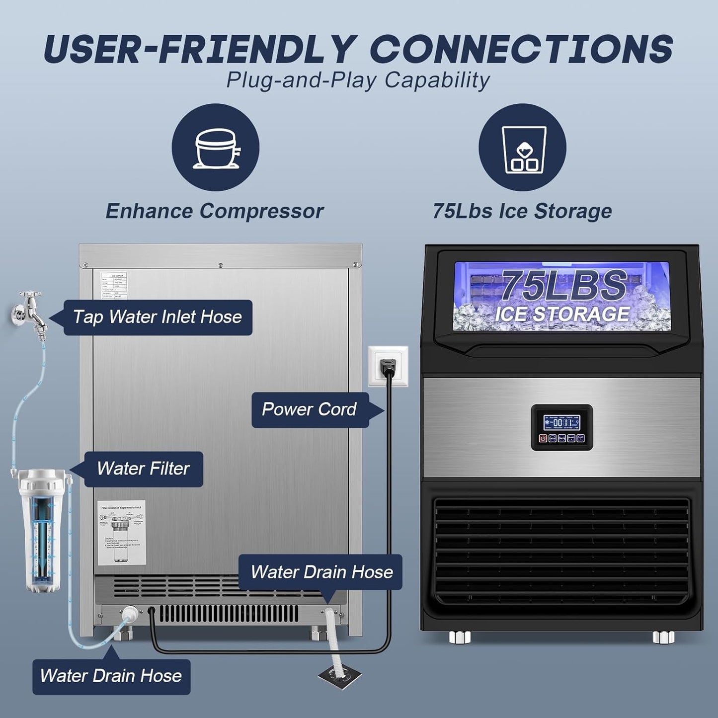 Commercial Ice Maker Machine 250LBS/24H with 75LBS Storage Bin, Stainless Steel Undercounter/Freestanding Ice Maker Machine for Home Bar Outdoor, 80PCS Ice Cubes Ice Machine, Self Cleaning