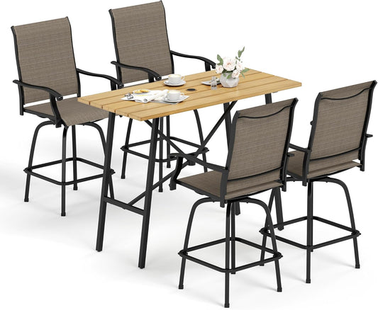 Sophia & William Outdoor Bar Set, Patio Bar Table and Chairs Set, Bar Height Patio Set - 4 x Swivel Bar Chairs(Brown), 1 x Rectangular Bar Table(Wood-Like)