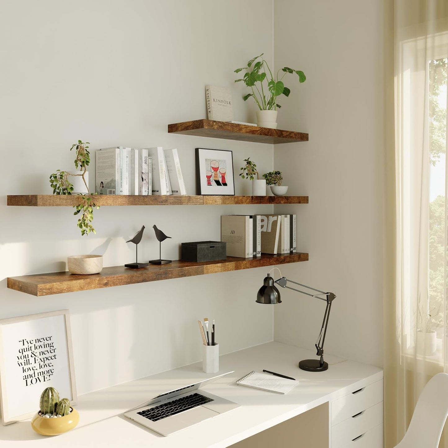 Large Floating Shelves for Wall Set of 2 Wooden Wall Shelves 36 in x 12.75 in x 2 in Room Decor Long Shelf with Invisible Wall Mount Bracket for Bedroom Kitchen Living Room Rustic Brown