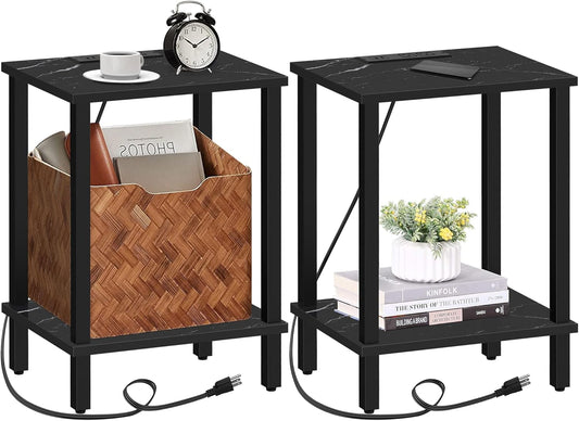 TUTOTAK End Table with Charging Station, Set of 2, Small Side Table, Nightstand Bedside Table, 2-Tier Storage Shelf for Small Space, Living Room, Bedroom Marble Black TB01BMK041