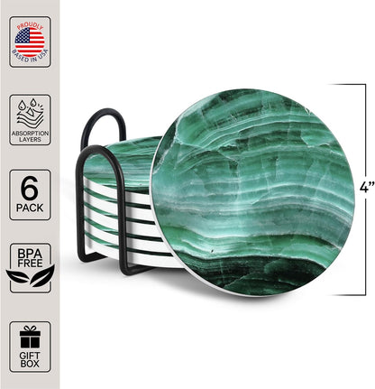 Emerson Coasters for Drinks Absorbent – Dining Table Set of 6 with Holder, 100% Ceramic Wooden Tabletop Protection Marble Style - Non-Slip & Cork Bottom - Heavy Duty (Nova)