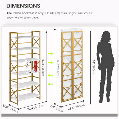 4NM 6 Tiers No Assembly Book Shelves, 61.8" H Folding Bookshelf Bookcase Open Industrial Foldable Shelves for Bedroom, Living Room, Home Office - White Gold