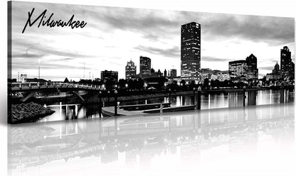 DJSYLIFE Milwaukee Skyline Wall Art Black and White Stretched Canvas Wall Art Prints for Bedroom or Office Decoration Ready to Hang 13.8" x 47.3"
