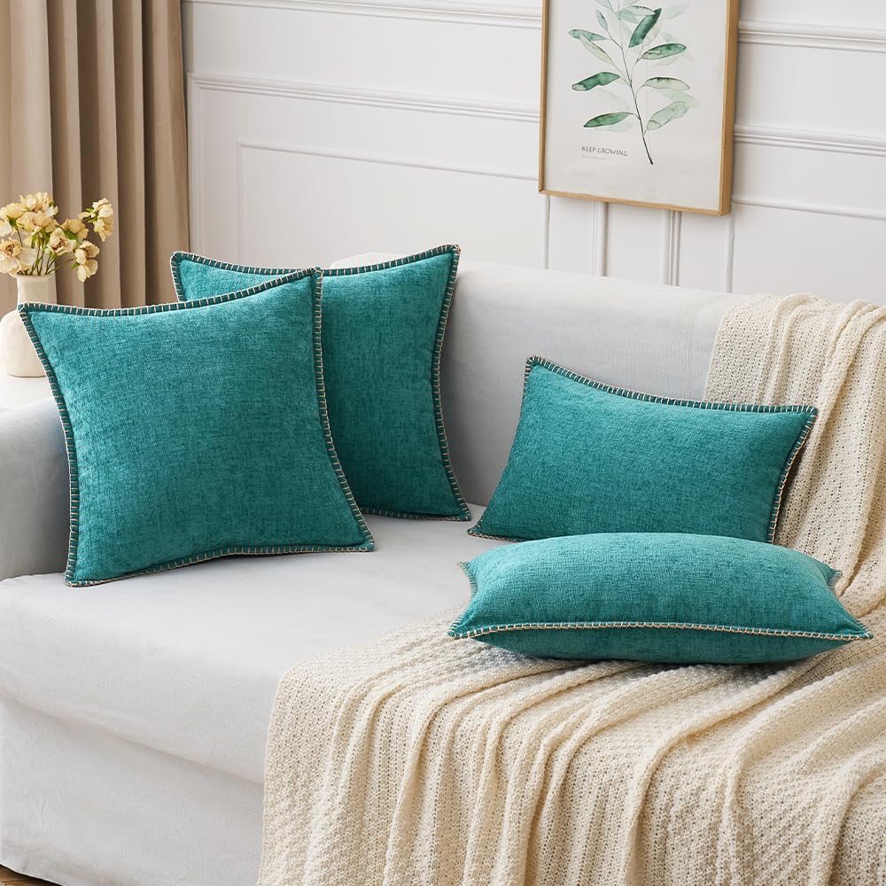 MIULEE Pack of 2 Couch Throw Pillow Covers 18x18 Inch Coastal Teal Farmhouse Decorative Pillow Covers with Stitched Edge Soft Chenille Solid Dyed Spring Pillow Covers for Sofa Bed Living Room