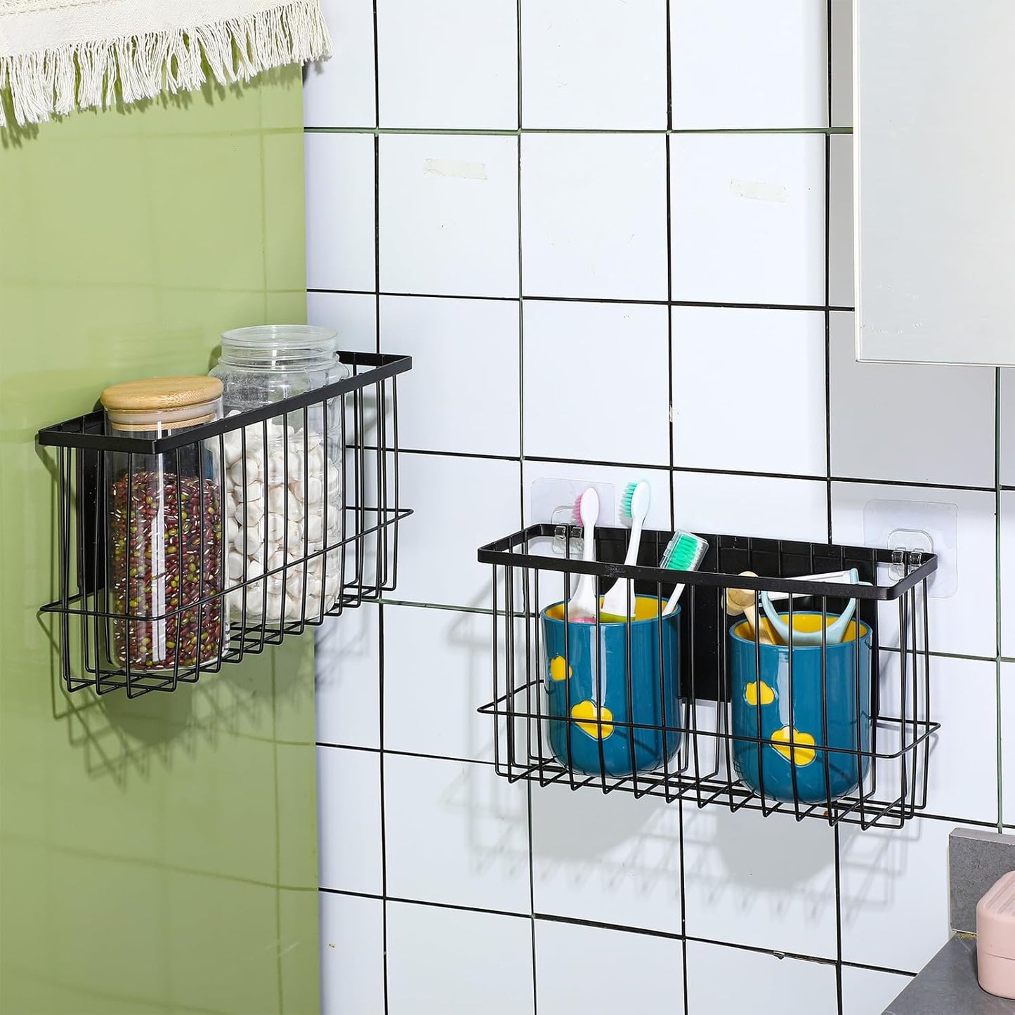 3 Pcs Magnetic or Adhesive Refrigerator Organizer Magnetic Baskets Kitchen Holder for Refrigerator Metal Shelf Rack Storage with 2 Types of Installation(Black)