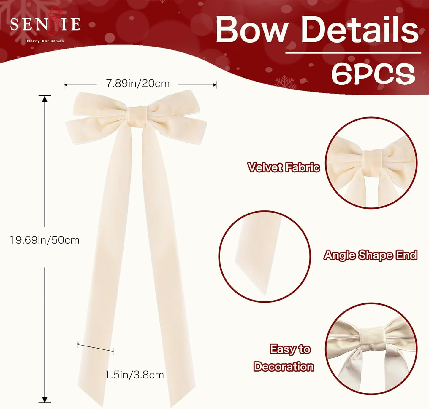 Senjie Velvet Large Christmas Bows for Staircase Garland Wreath, 20in x 8in Vintage Ribbon Bows with Twist Tie for Xmas Tree Holiday Indoor Outdoor Decorations (6Pcs, Beige)