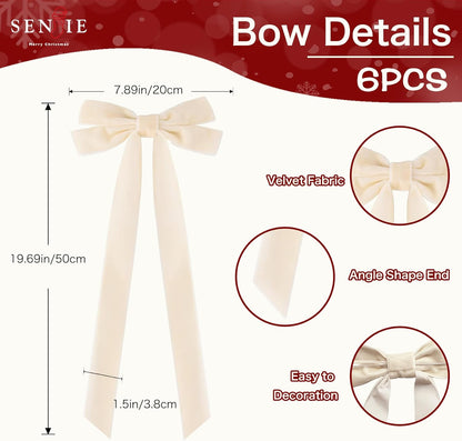 Senjie Velvet Large Christmas Bows for Staircase Garland Wreath, 20in x 8in Vintage Ribbon Bows with Twist Tie for Xmas Tree Holiday Indoor Outdoor Decorations (6Pcs, Beige)