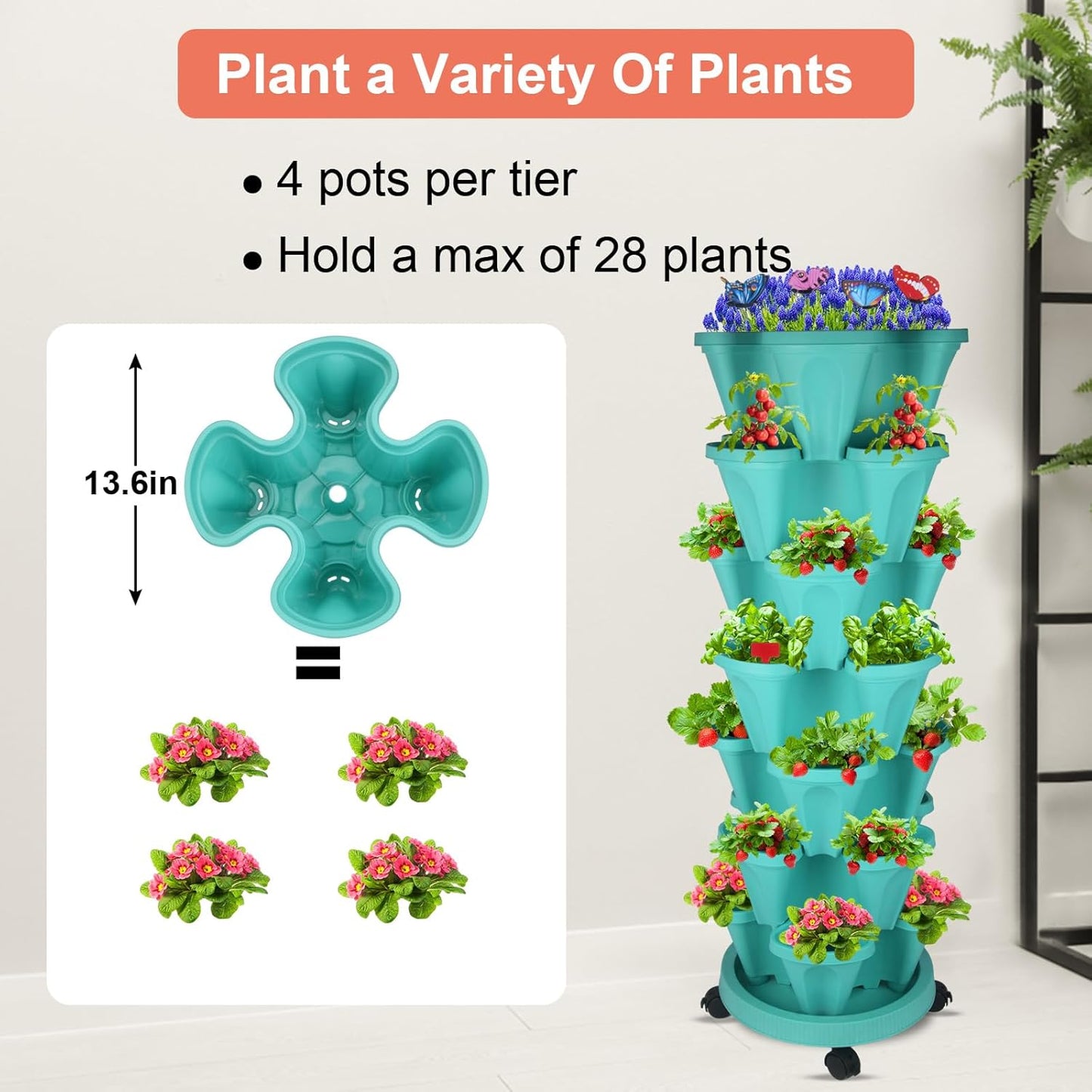 DUNCHATY Stackable Vertical Garden Planter with Tool Set, Self Watering 7 Tier Herb Planter for Indoor/Outdoor Growing, Teal