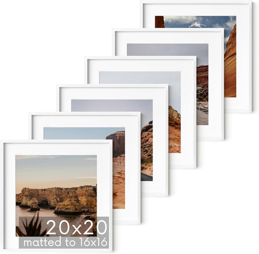HAUS AND HUES 20x20 White Metal Picture Frames Matted to 16x16 - Features Premium Aluminum & Hanging Hardware, Shatterproof Plexiglass - Ideal for Home, Room, Office (20x20 in, White, Set of 6)