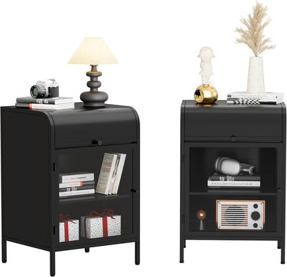 Modern Metal Side Tables Set of 2, End Tables with Glass Door, 2-Tier Nightstands with Storage Shelves, Accent Table, Slim Sofa Table for Living Room, Bedroom (Black)