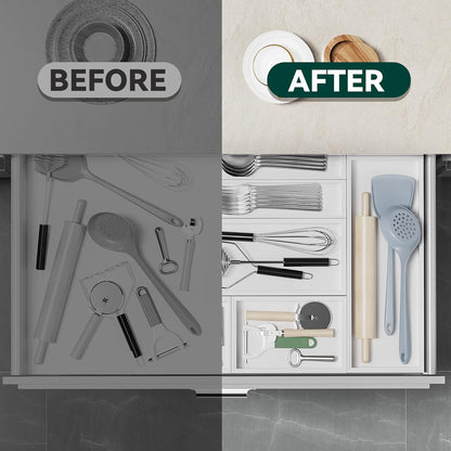 Bamboo Drawer Organizer, Cutlery Silverware Organizer for Kitchen Drawer, Stackable Utensil Organizer, 2 Pcs Flatware Organizer, Wooden Storage Box Tray (White, 9 X 6 X 2 Inch)