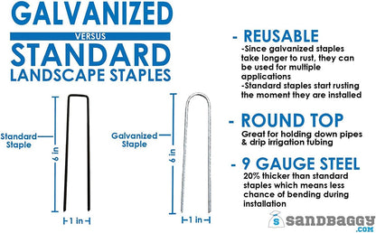 Sandbaggy Galvanized 6-Inch Landscape Staples ~ 9 Gauge Steel - Fabric Pins, Garden Earth Stakes, Ground Cover, Fence Anchors, Lawn Nails ~ Trusted by Organic Farmers Across The USA (1,000 Staples)