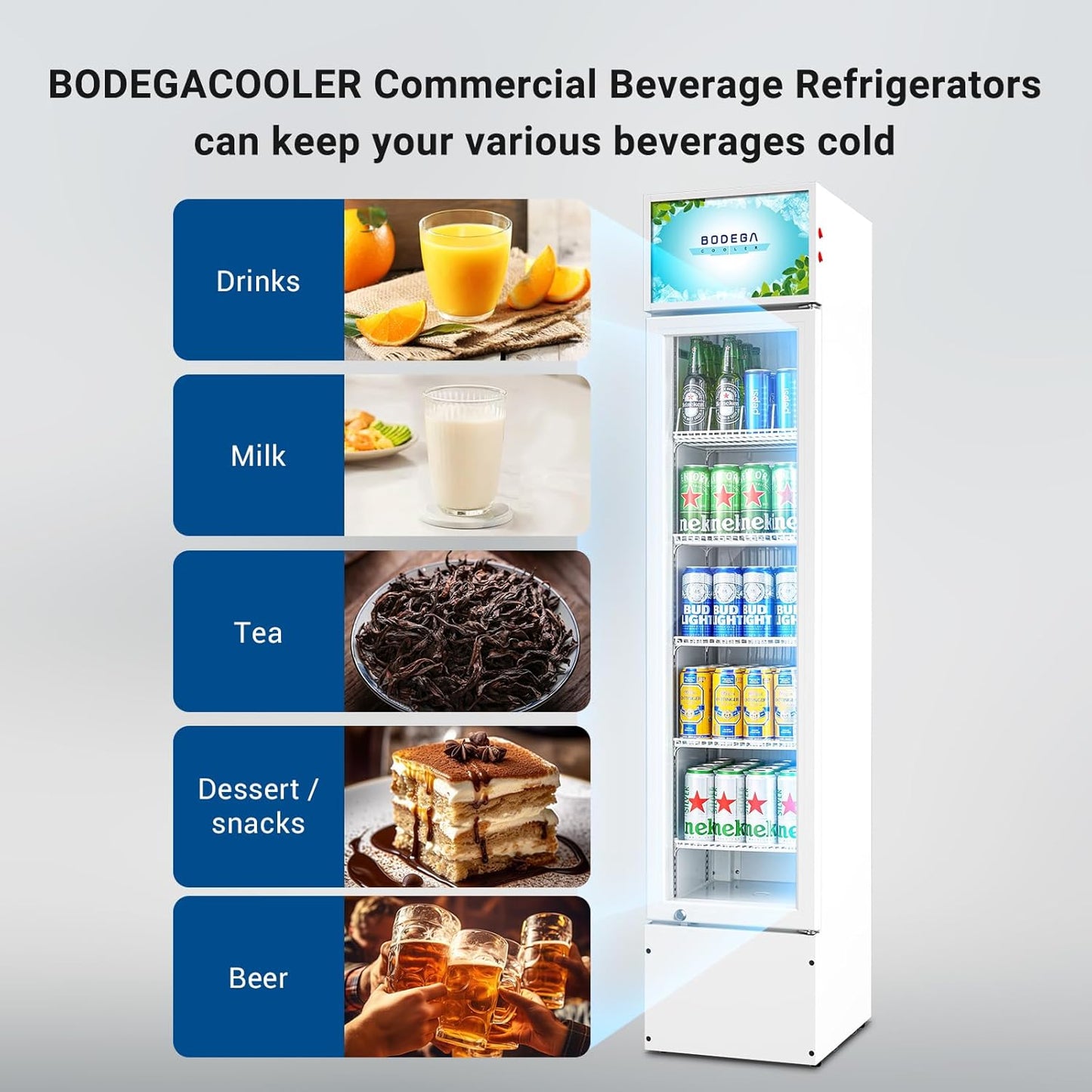BODEGACOOLER 5.7 Cu.Ft Commercial Beverage Refrigerator,Commercial Cooler Refrigerators Glass Door Display Fridge for Bar,Drink,Tall Drink Cooler for Parties,Slim Single Door Display Fride