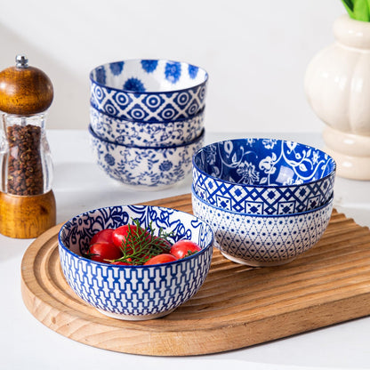 Ceramic Dessert Bowls Set - 11 Oz Small Ice Cream Bowl for kitchen - 4.7 Inch Porcelain Cereal Bowl for Fruits, Salad, Side Dishes, Ramen - Microwave Dishwasher Safe - Set of 6 - Vintage Blue