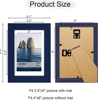 4x6 Picture Frame Set of 4, 4 x 6 Wood Photo Frames with Mat for 3.5x5, Natural Wooden Frame with Real Glass Cover for Wall and Tabletop Display,Blue