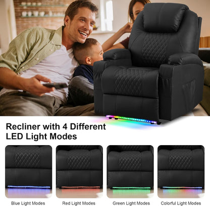 AHMED Power Recliner Chair with Vibration Massage & Heat for Adults, Faux Leather Home Theater Seating with Cup Holders/LED Lights/USB Ports/Side Pockets for Living Room, Black