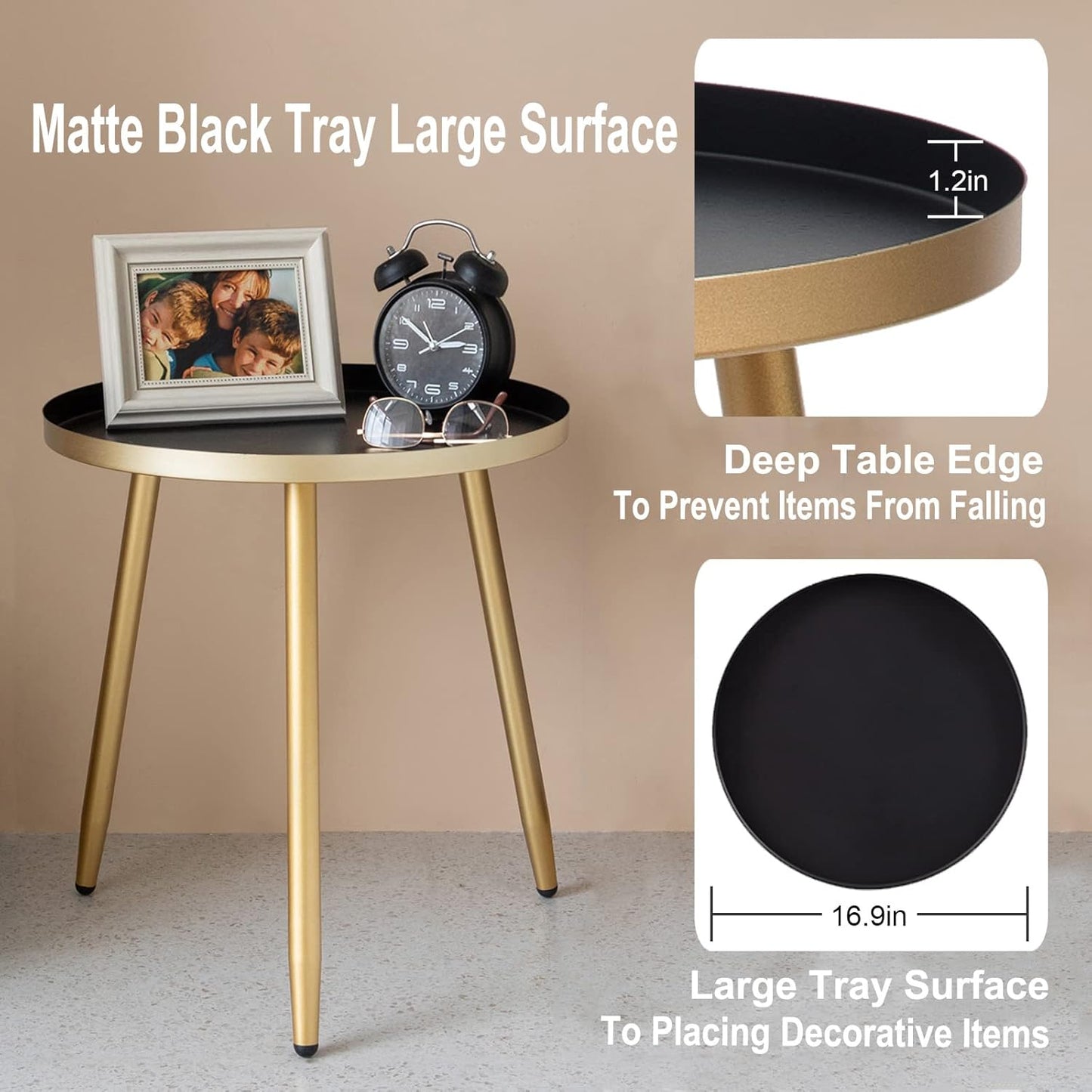 AOJEZOR Side Table: End Table for Any Room - Round Side Tables for Small Spaces - Black Top with 3 Gold Legged