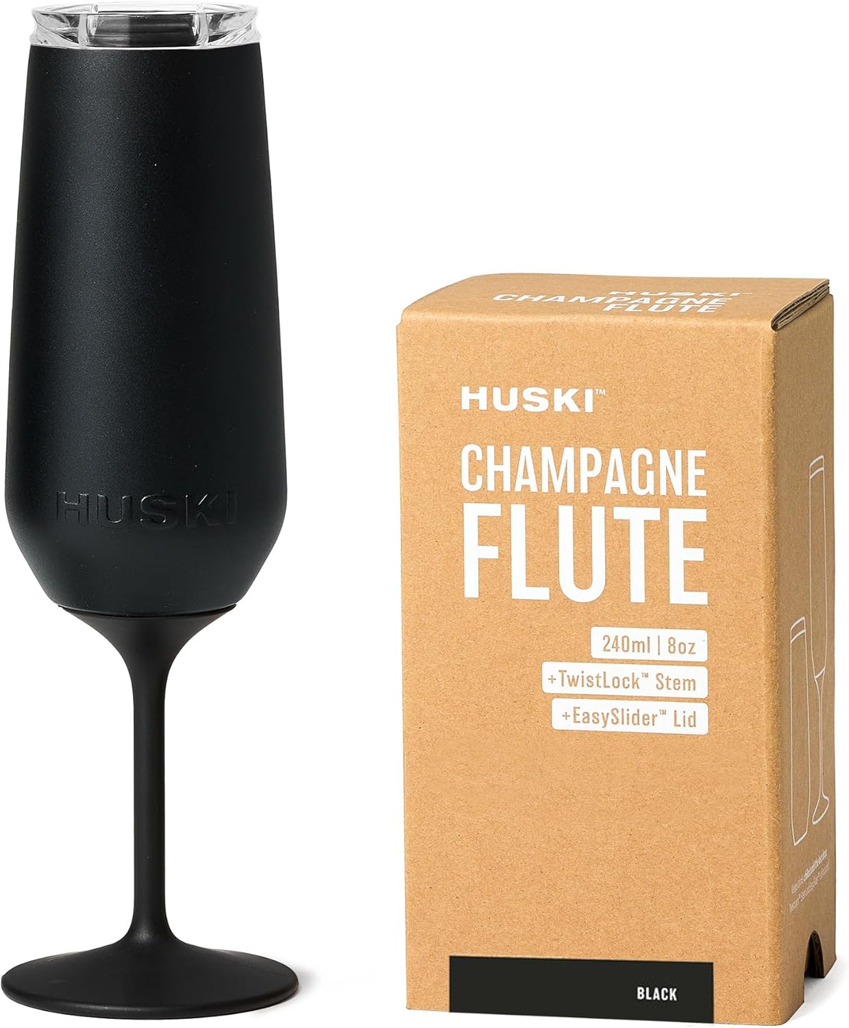 Huski Champagne Flute | NEW | Award-winning Design with Detachable Stem | Premium Stainless Steel Champagne Glass with Lid | Triple Insulated Tumbler | 8oz Capacity | Great Gift (Black)