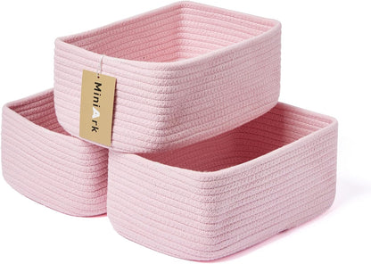 Small Storage Baskets for Organizing | Closet Organizer Bins | Shelf Toy Basket | Woven Rope Baskets | Cube Decorative Box | Shallow Basket | 11.5x7.5x4.7” | 3 Packs Pink