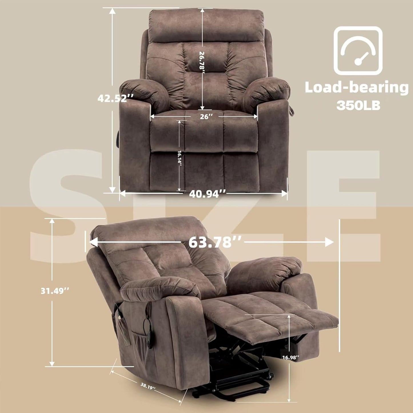 Power Lift Recliner Chair for Elderly, Lazy Boy Recliner Chair with Massage and Heating, 26in Extra Wide Recliner Seat with Cup Holder, Adjustable Electric Reclining Chair for Big Man