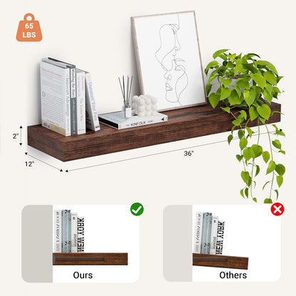 Heimlove 12" Deep Floating Shelves, 36 x 12 Inch Wall Mounted Long Floating Shelf with Invisible Brackets, for Home Decor, Bedroom, Kitchen, Living Room, Bathroom - 1 Pack, Rustic Brown