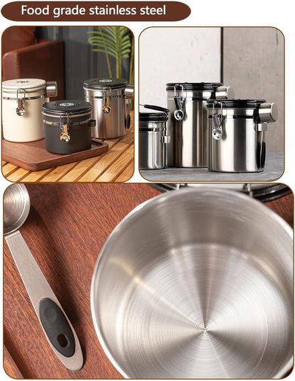 Coffee Canister Airtight Storage Container Stainless Steel Air Tight Coffee Jar with Scoop, Date Tracker CO2 Release Valve for Dry Food, Beans, Ground, Tea, Flour, Cereal and Sugar (1.8L-Silver-2pcs)