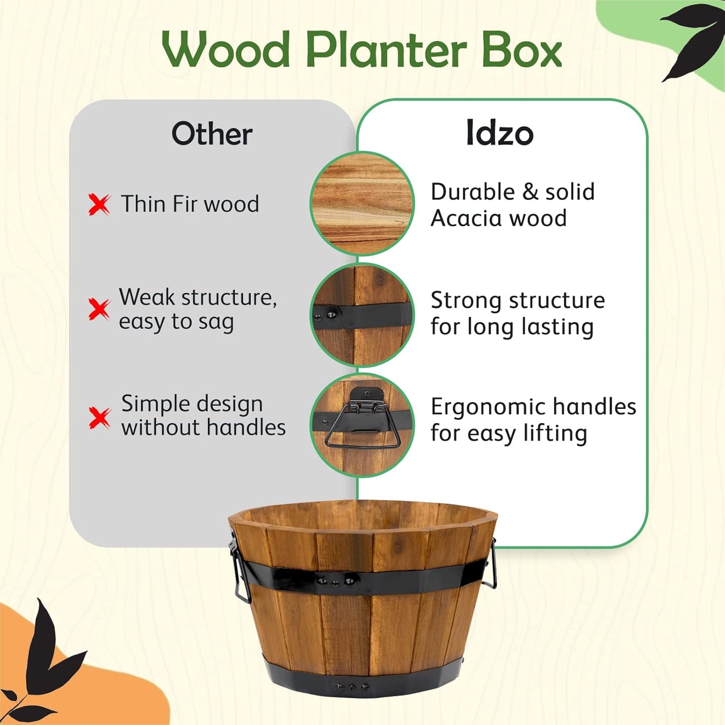 IDZO Set of 3 Wooden Flower Boxes Outdoor, Durable Acacia Wood Barrel Planters for Outdoor Plants with Ergonomic Handles, Drainage Holes, Multiple Sizes Wood Bucket Planter Light Brown