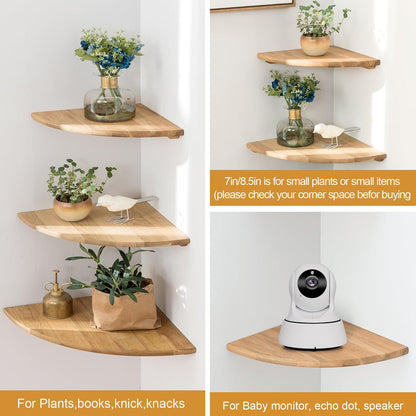 Corner Shelves, Floating Corner Shelf, Set of 3 Solid Oak Wood Corner Wall Shelves, Round End with Wire Hole Shelving for Small Plant for Bedroom Kitchen, Living Room (Size 9/10/12in)