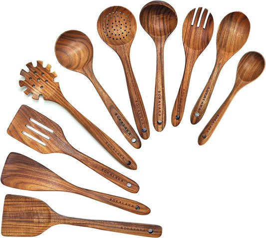 Wooden Spoons for Cooking,10 Pcs Natural Teak Wooden Kitchen Utensils Set Wooden Utensils for