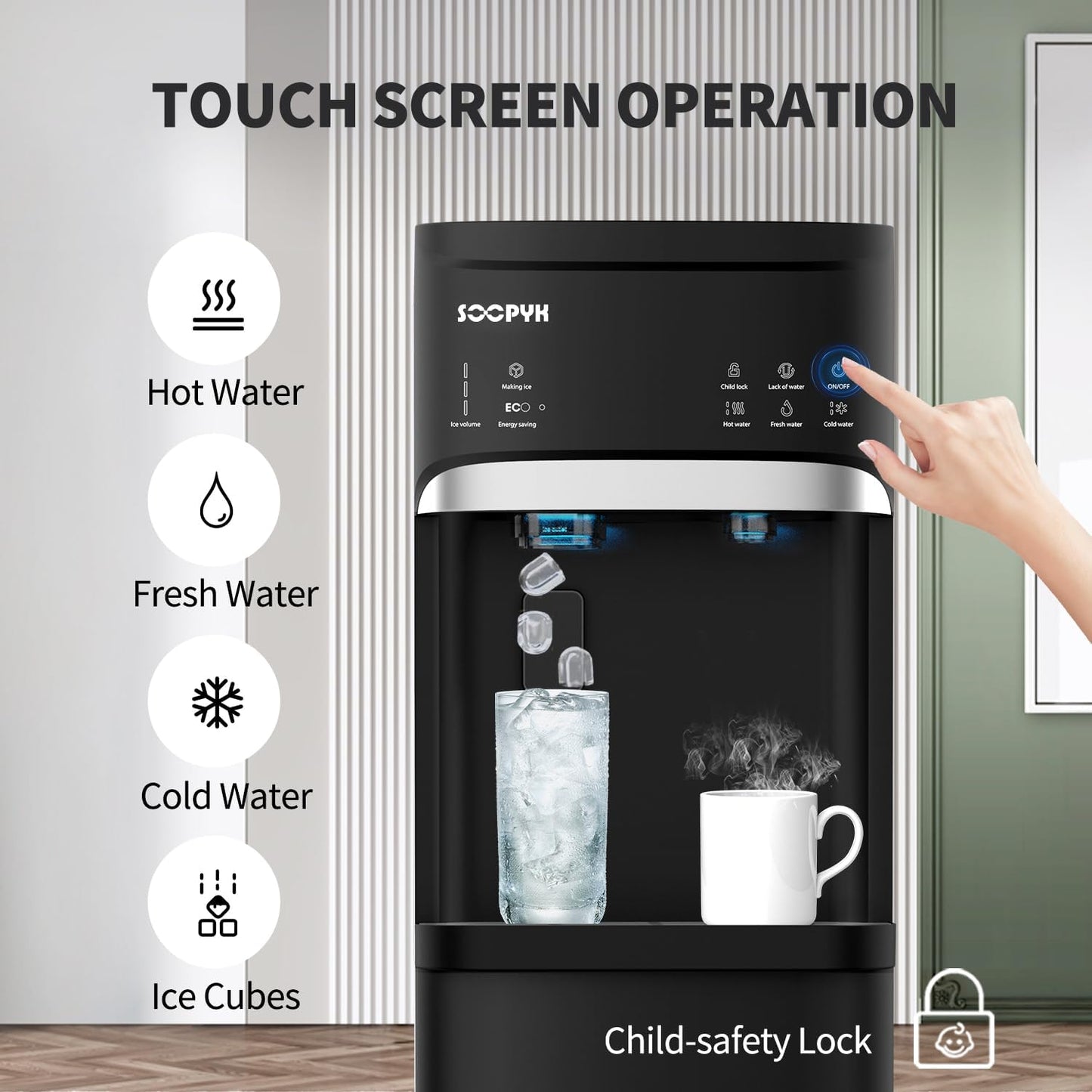 Self Cleaning Hot and Cold Bottom Load Water Cooler Dispenser with Ice Maker for 5 Gallon 3 Temperature Settings 22lbs Daily Capacity Black