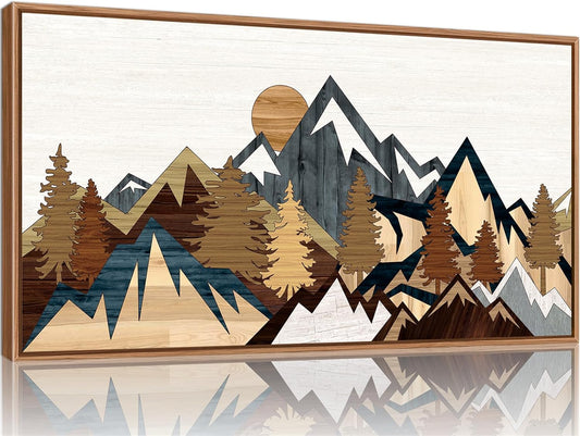 SIGNINART Large Mountain Framed Canvas Wall Art, Boho Sunrise Wilderness Wall Decor, Vintage Forest Nature Artwork, Modern Farmhouse Woodcut Style Art Prints for Living Room Bedroom, Office 20"x40"