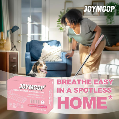 JOYMOOP Flat Mop Pads, Microfiber Mop Cleaning Pads, Washable Pads, Pads Replacement for Flat Mop or Mop Bucket Set, Pack of 4 Refills 13inch - Pink