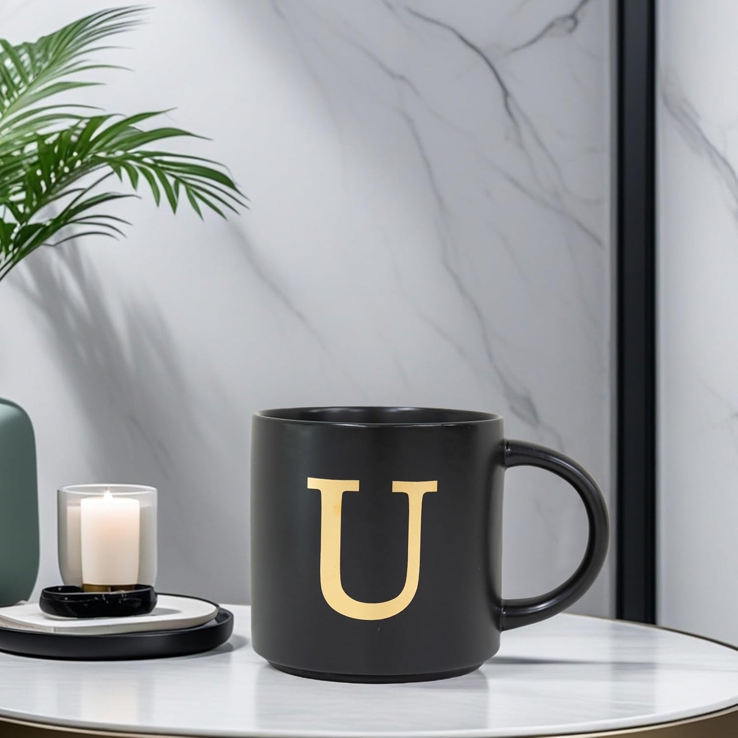 COLLECTIVE HOME - Monogram Ceramic Mugs, 15 oz Golden Initial Black Coffee Cups, Elegant Alphabet Tea Mugs, Elegant Personalized Mug with Gift Box, Unique Mug with Double Side Capital Lette (U)