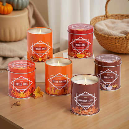 Fall Candles – 54oz (6×9oz) Soy Candles Gift Set with Autumn Scents: Pumpkin Spice, Cinnamon Clove, Apple Pie, Fireside Night, Hot Cocoa, Hello Fall – Gifts for Women & Men, Autumn Home Decor